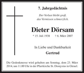 Anzeige von Dieter Dörsam von  Wochenende 