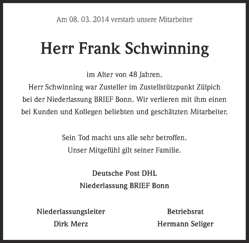  Traueranzeige für Frank Schwinning vom 23.03.2014 aus  Blickpunkt Euskirchen 