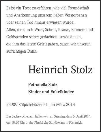 Anzeige von Heinrich Stolz von  Blickpunkt Euskirchen 