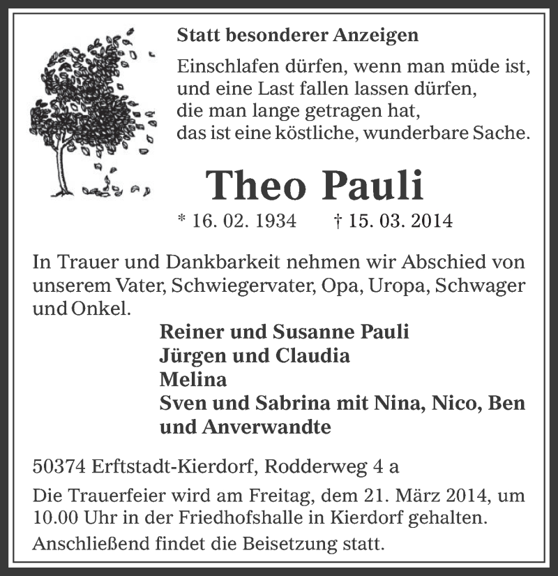  Traueranzeige für Theo Pauli vom 19.03.2014 aus  Werbepost 