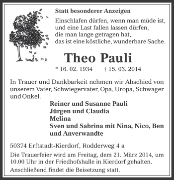 Anzeige von Theo Pauli von  Werbepost 