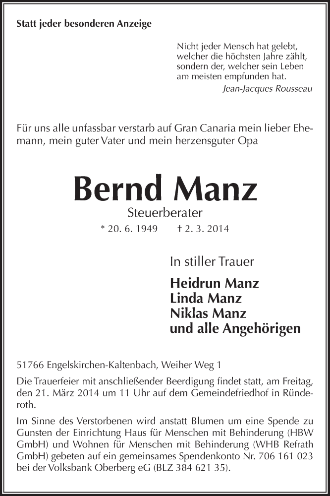  Traueranzeige für Bernd Manz vom 19.03.2014 aus  Anzeigen Echo 
