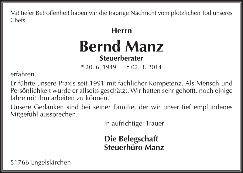  Traueranzeige für Bernd Manz vom 19.03.2014 aus  Anzeigen Echo 