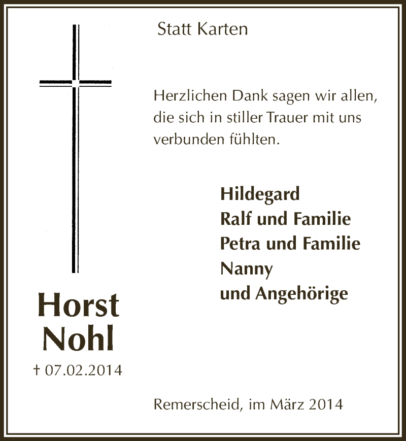  Traueranzeige für Horst Nohl vom 19.03.2014 aus  Anzeigen Echo 
