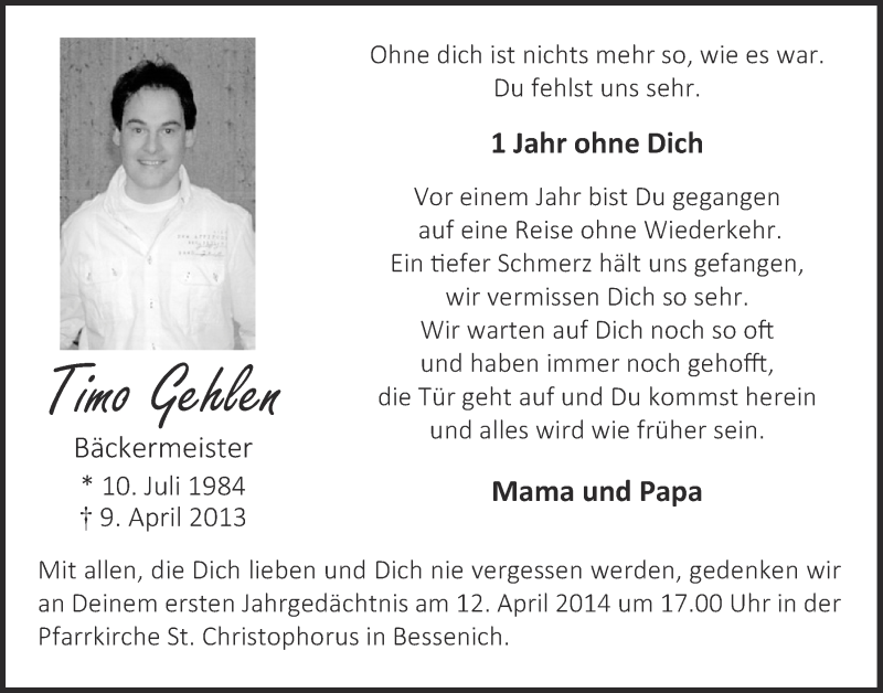  Traueranzeige für Timo Gehlen vom 06.04.2014 aus  Blickpunkt Euskirchen 