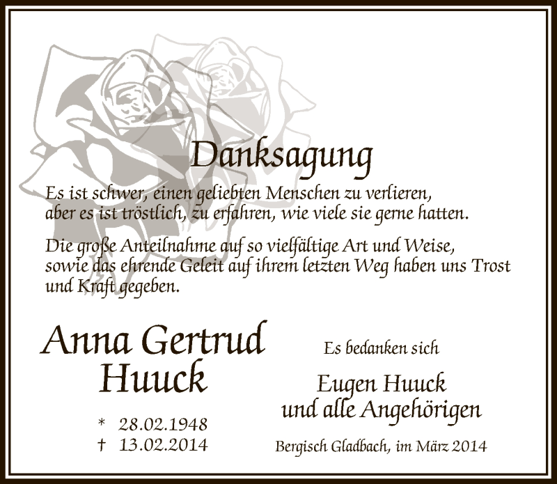  Traueranzeige für Anna Gertrud Huuck vom 19.03.2014 aus  Bergisches Handelsblatt 