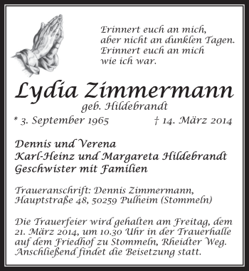 Anzeige von Lydia Zimmermann von  Wochenende 