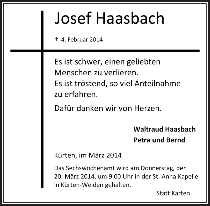  Traueranzeige für Josef Haasbach vom 19.03.2014 aus  Bergisches Handelsblatt 