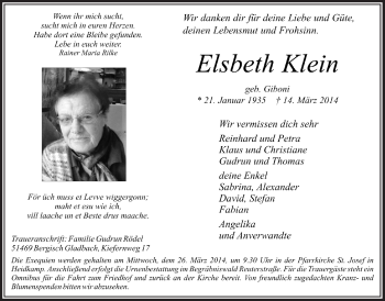 Anzeige von Elsbeth Klein von  Bergisches Handelsblatt 