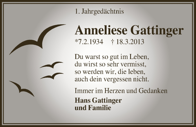  Traueranzeige für Anneliese Gattinger vom 19.03.2014 aus  Bergisches Handelsblatt 