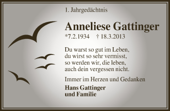 Anzeige von Anneliese Gattinger von  Bergisches Handelsblatt 