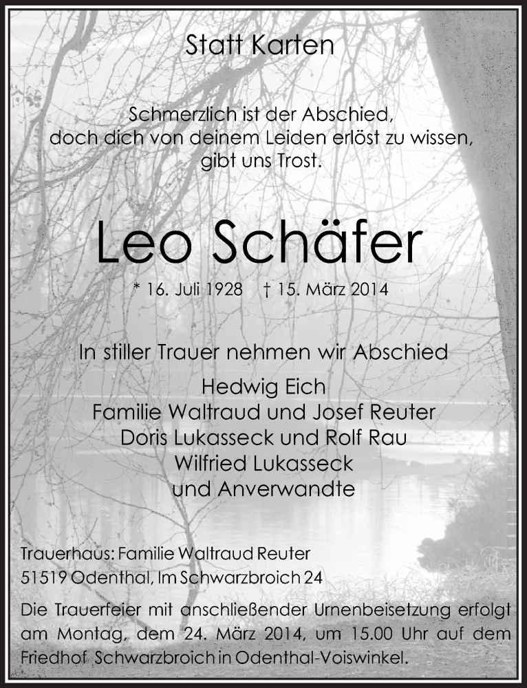  Traueranzeige für Leo Schäfer vom 19.03.2014 aus  Bergisches Handelsblatt 