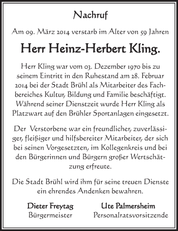 Anzeige von Heinz-Herbert Kling von  Schlossbote/Werbekurier 
