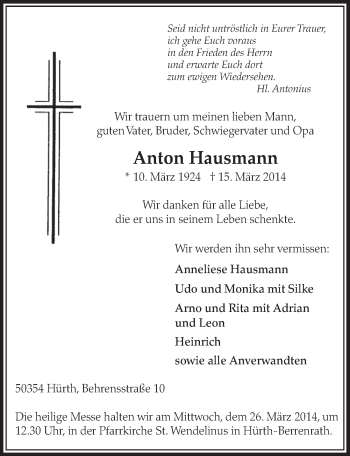 Anzeige von Anton Hausmann von  Sonntags-Post 