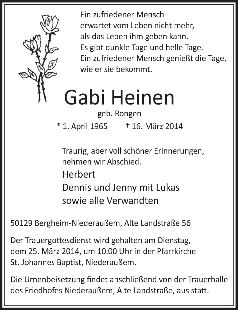  Traueranzeige für Gabi Heinen vom 22.03.2014 aus  Sonntags-Post 