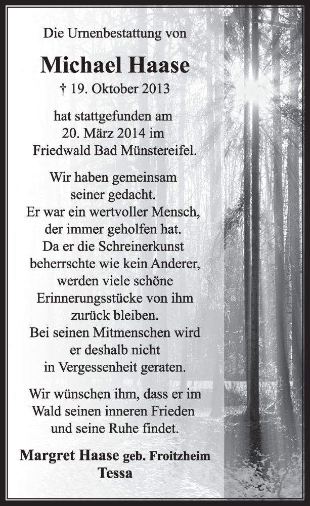  Traueranzeige für Michael Haase vom 22.03.2014 aus  Sonntags-Post 