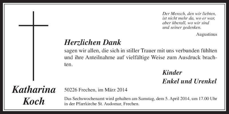  Traueranzeige für Katharina Koch vom 26.03.2014 aus  Wochenende 