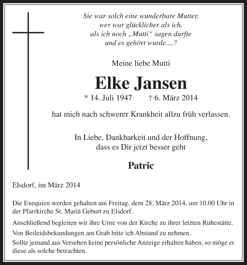  Traueranzeige für Elke Jansen vom 26.03.2014 aus  Werbepost 