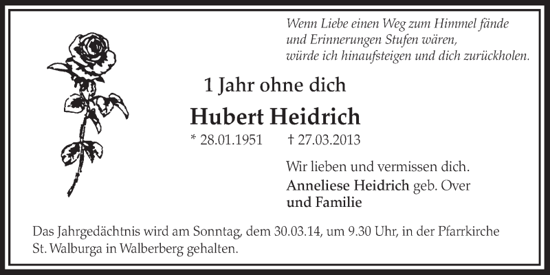  Traueranzeige für Hubert Heidrich vom 26.03.2014 aus  Schlossbote/Werbekurier 
