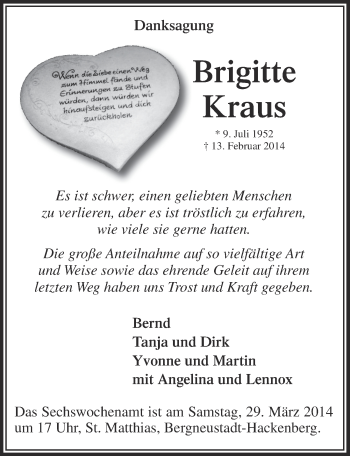 Anzeige von Brigitte Kraus von  Anzeigen Echo 