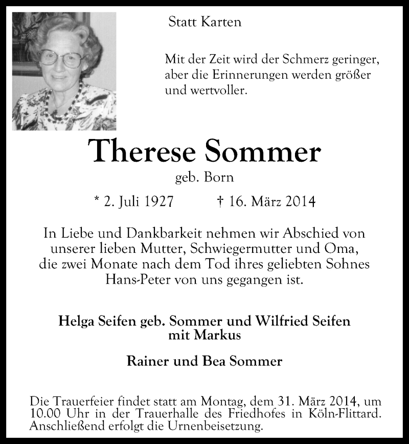 Traueranzeige für Therese Sommer vom 26.03.2014 aus  Kölner Wochenspiegel 