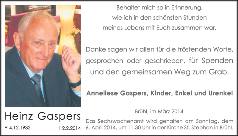  Traueranzeige für Heinz Gaspers vom 26.03.2014 aus  Schlossbote/Werbekurier 