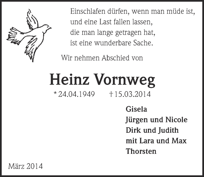  Traueranzeige für Heinz Vornweg vom 23.03.2014 aus  Blickpunkt Euskirchen 