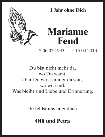 Anzeige von Marianne Fend von  Wochenende 