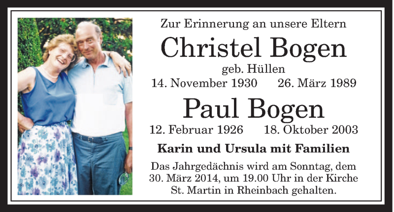  Traueranzeige für Christel Bogen vom 26.03.2014 aus  Schaufenster/Blickpunkt 