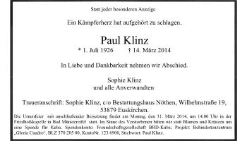 Anzeige von Paul Klinz von  Blickpunkt Euskirchen 