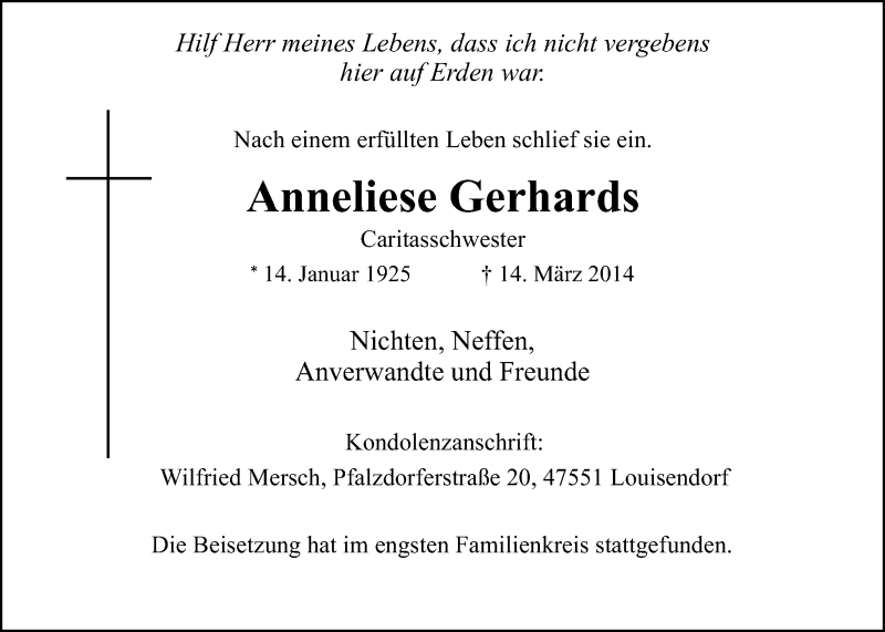  Traueranzeige für Anneliese Gerhards vom 23.03.2014 aus  Blickpunkt Euskirchen 