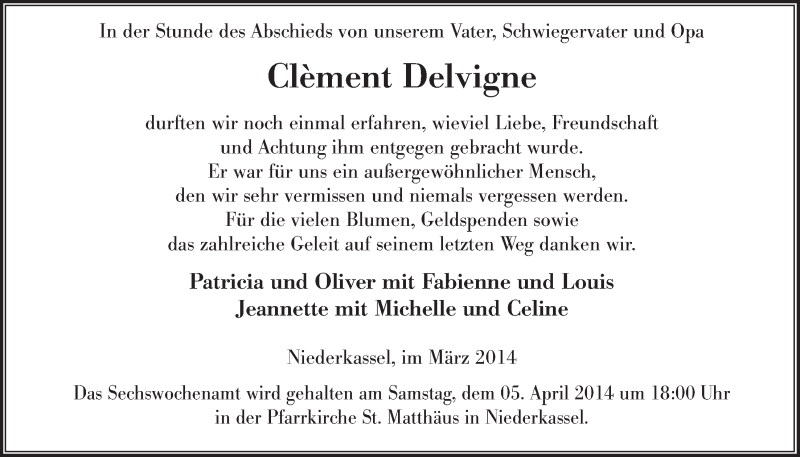  Traueranzeige für Clement Delvigne vom 26.03.2014 aus  Extra Blatt 