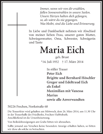 Anzeige von Maria Eich von  Sonntags-Post 