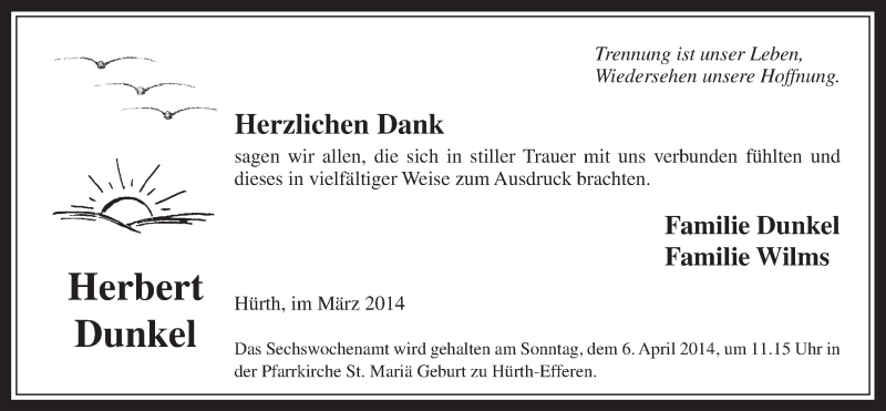  Traueranzeige für Herbert Dunkel vom 26.03.2014 aus  Wochenende 