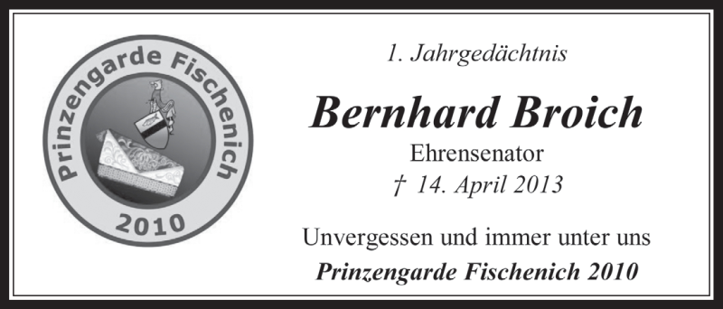  Traueranzeige für Bernhard Broich vom 09.04.2014 aus  Wochenende 