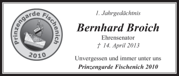 Anzeige von Bernhard Broich von  Wochenende 