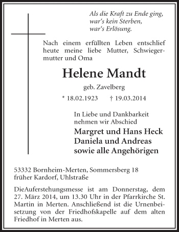 Anzeige von Helene Mandt von  Schaufenster/Blickpunkt  Schlossbote/Werbekurier 