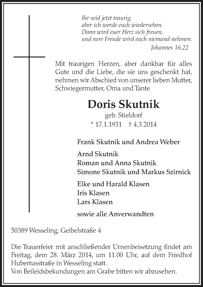  Traueranzeige für Doris Skutnik vom 26.03.2014 aus  Schlossbote/Werbekurier 