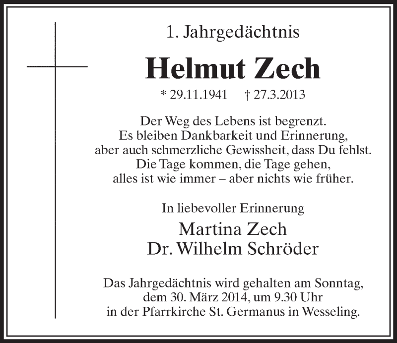  Traueranzeige für Helmut Zech vom 26.03.2014 aus  Schlossbote/Werbekurier 