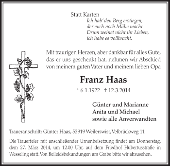 Anzeige von Franz Haas von  Schlossbote/Werbekurier 
