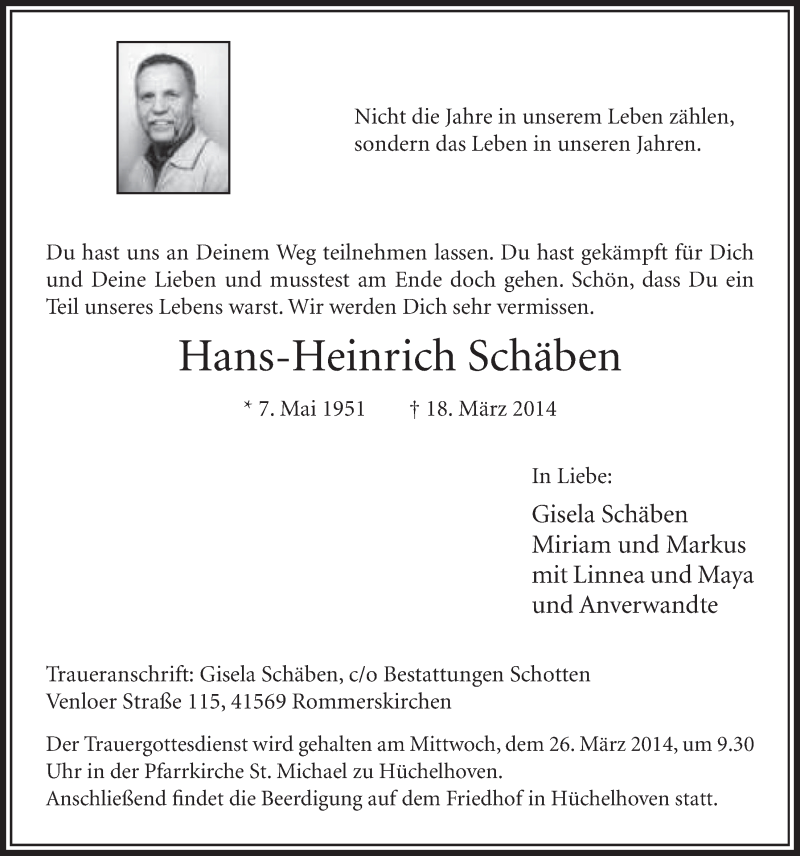  Traueranzeige für Hans-Heinrich Schäben vom 22.03.2014 aus  Sonntags-Post 