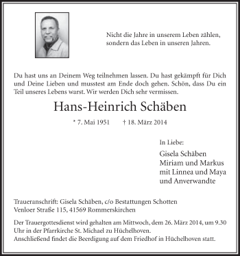 Anzeige von Hans-Heinrich Schäben von  Sonntags-Post 