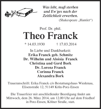 Anzeige von Theo Franck 
