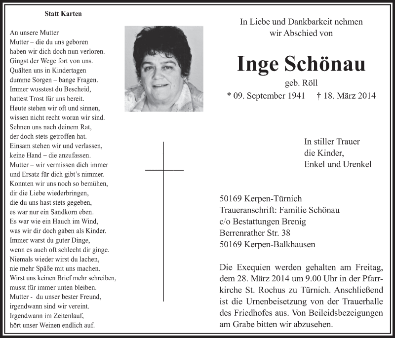  Traueranzeige für Inge Schönau vom 22.03.2014 aus  Sonntags-Post 