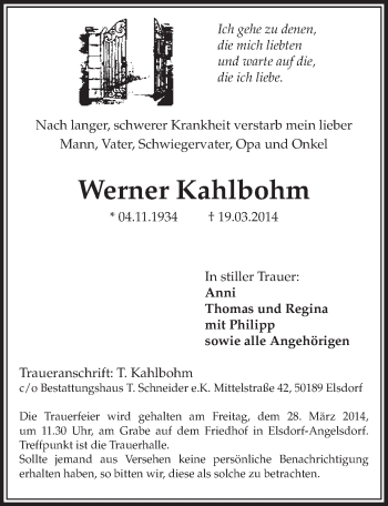 Anzeige von Werner Kahlbohm von  Sonntags-Post 