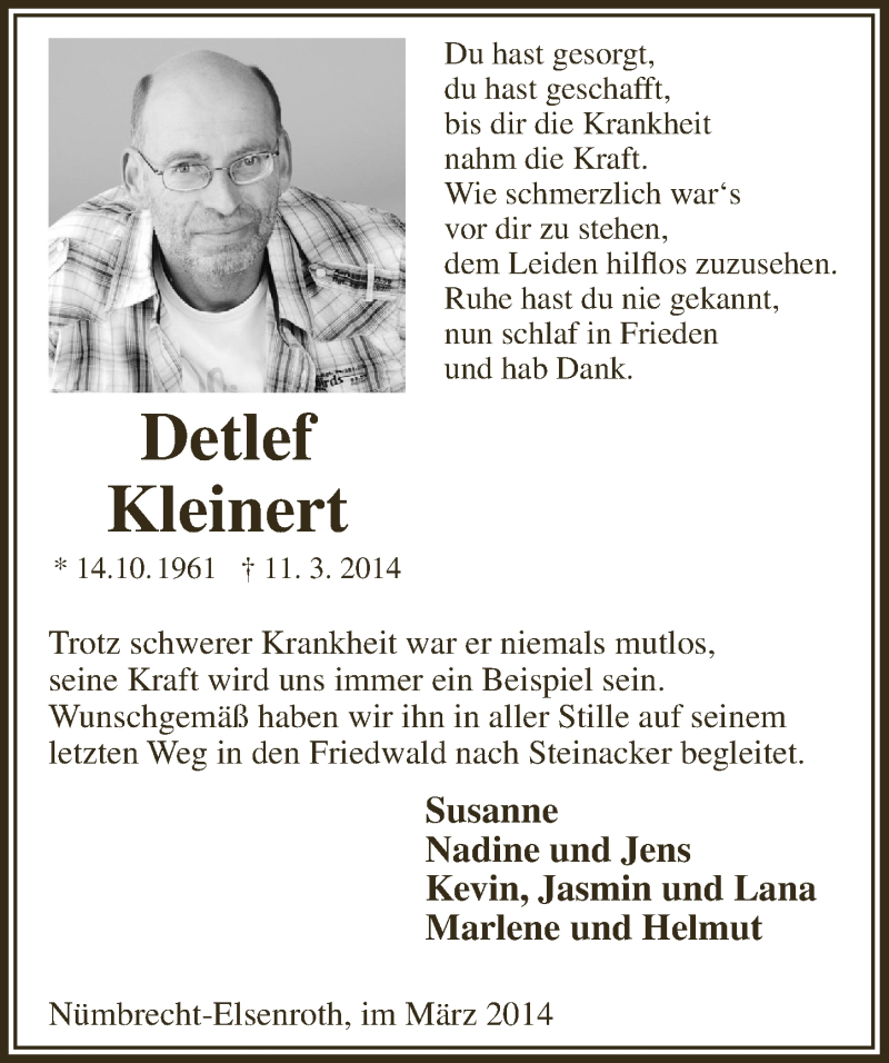  Traueranzeige für Detlef Kleinert vom 26.03.2014 aus  Anzeigen Echo  Lokalanzeiger 