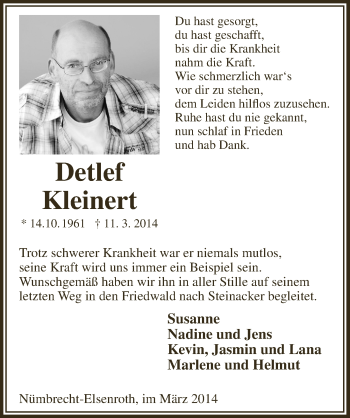 Anzeige von Detlef Kleinert von  Anzeigen Echo  Lokalanzeiger 