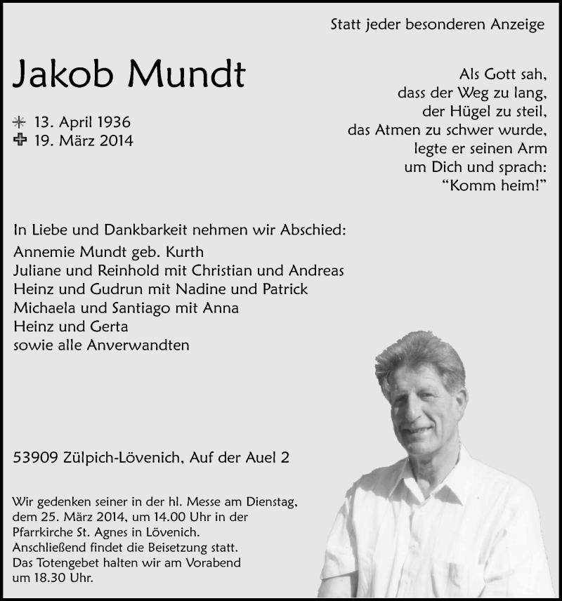  Traueranzeige für Jakob Mundt vom 23.03.2014 aus  Blickpunkt Euskirchen 