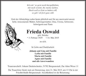 Anzeige von Frieda Oswald von  Anzeigen Echo 