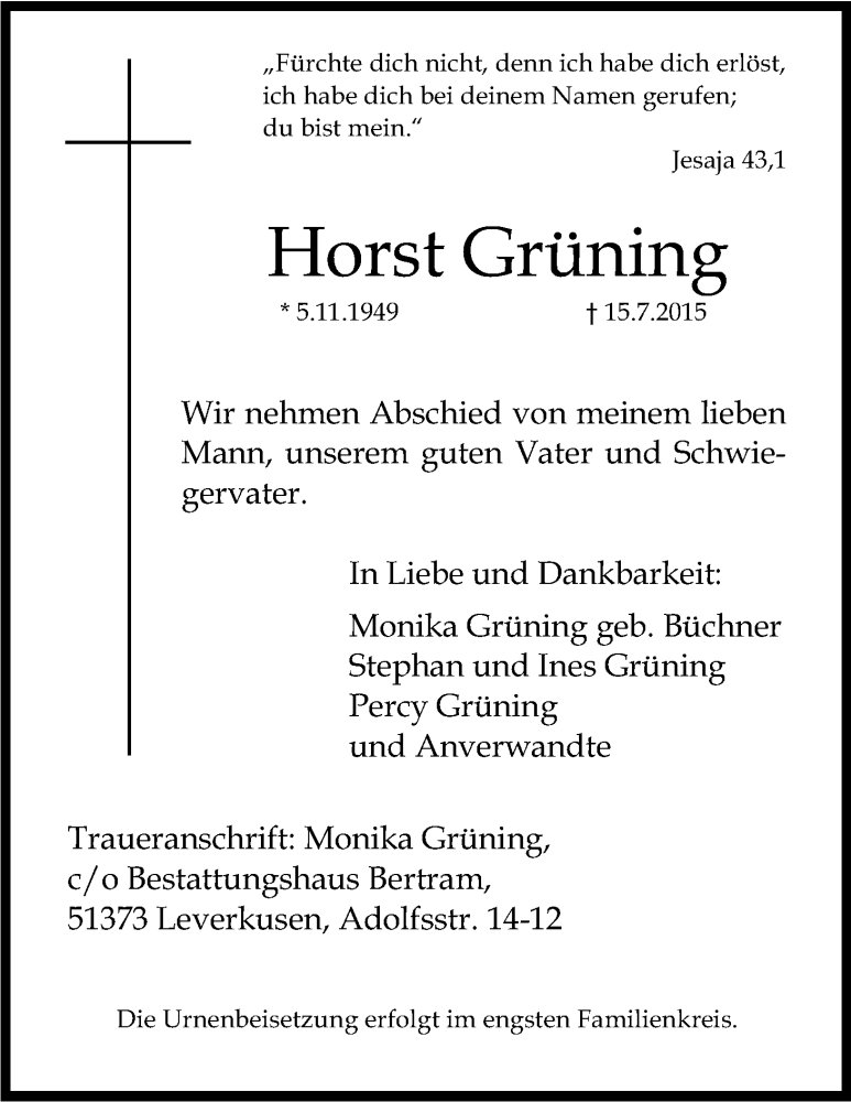  Traueranzeige für Horst Grüning vom 23.07.2015 aus Kölner Stadt-Anzeiger / Kölnische Rundschau / Express